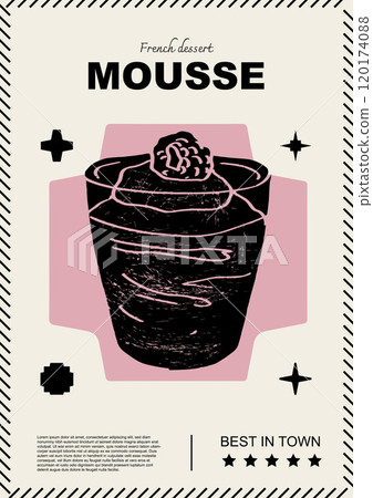 French mousse. Price tag or poster design. Set of vector illustrations. Typography. Engraving style. Labels, cover, t-shirt print, painting. French mousse. Price tag or poster design. Set of vector illustrations. Typography. Engraving style. Labels, cover, t-shirt print, painting. 120174088