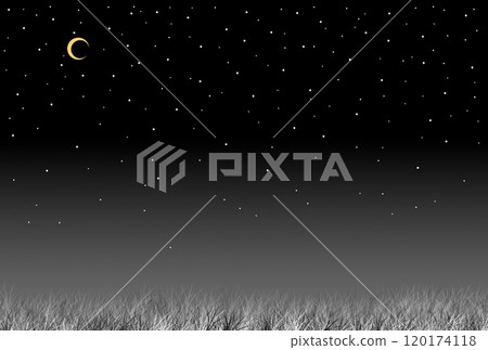 Background illustrations - Crescent moon, moonlit night, night sky, starry sky, grass Background illustrations - Crescent moon, moonlit night, night sky, starry sky, grass 120174118