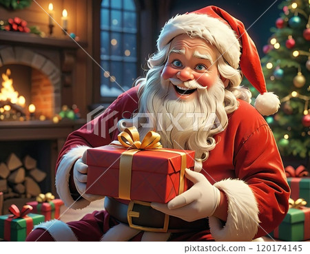 Santa Claus with a Gift by the Fireplace in 3D Cartoon Style 120174145
