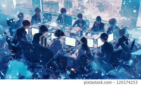 Office meeting scene. Watercolor style illustration 120174253