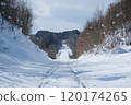 Snow-covered railway line through the woods 120174265