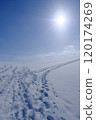 Snow-covered earth, footprints heading towards the sun 120174269