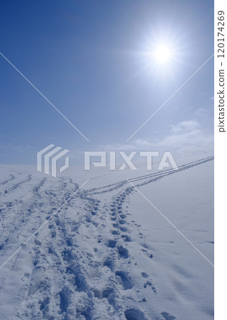 Snow-covered earth, footprints heading towards the sun Snow-covered earth, footprints heading towards the sun 120174269