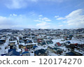 The town of Biei covered in snow under a clear blue sky 120174270