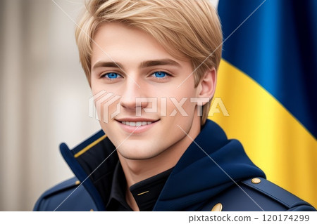 Man with Ukraine flags waving on background 120174299