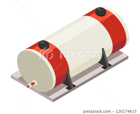 Isometric industrial fuel tank. Vector red and white storage cylinder for oil, fuel, water and gas 120174615