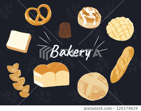Stylish illustrations of the word Bakery and various types of bread 120174629