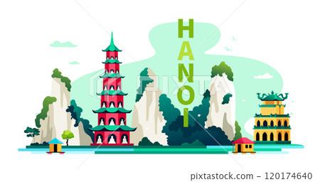 Ancient Temples of Hanoi - modern colored vector illustration Ancient Temples of Hanoi - modern colored vector illustration 120174640