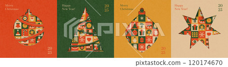 Christmas square tags set design with craft paper texture. Merry Christmas and happy new year greeting cards in paper cut style. Vintage muted color Vector illustration 120174670