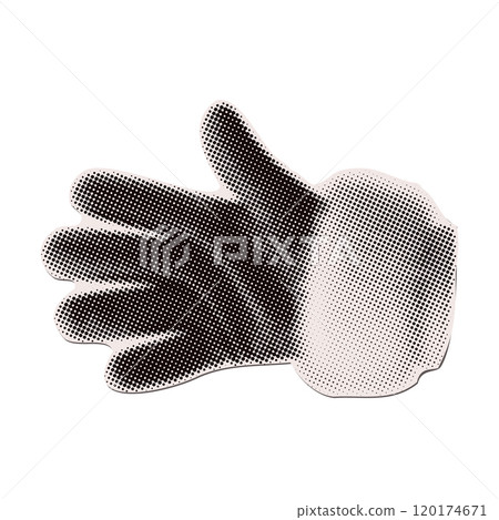 Santas hand in glove- Christmas halftone collage torn out paper sticker. Cut out of magazine shape, clipping scrap of paper. 120174671