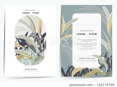 Vector illustration of frame set of a Silver Grass Field with Little Bird Vector illustration of frame set of a Silver Grass Field with Little Bird 120174798