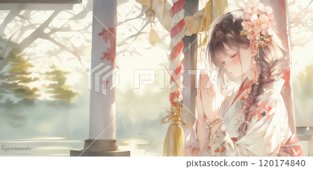 A girl visiting a shrine for the first time in the new year. Watercolor style illustration A girl visiting a shrine for the first time in the new year. Watercolor style illustration 120174840