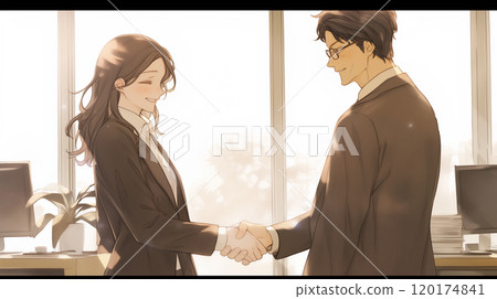 Man and woman shaking hands. Business illustration. Man and woman shaking hands. Business illustration. 120174841