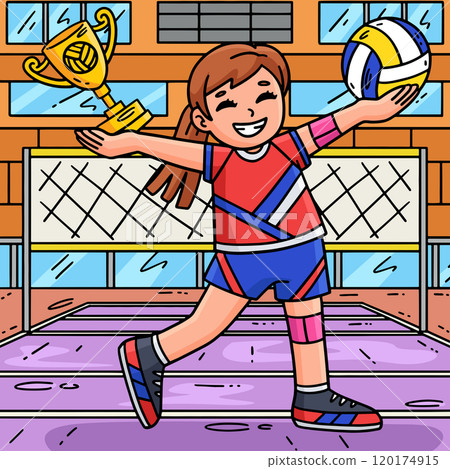 Volleyball Female Player with a Trophy Colored  120174915