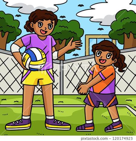Volleyball Mother and Daughter Practicing Colored Volleyball Mother and Daughter Practicing Colored 120174923