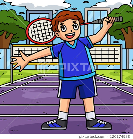 Badminton Player with a Racket Colored Cartoon  120174928