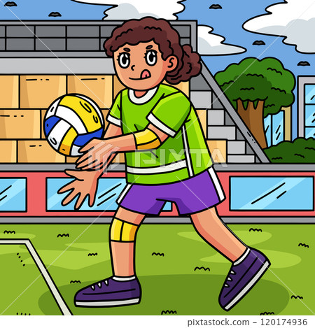 Volleyball Female Player Tossing Ball Colored  120174936