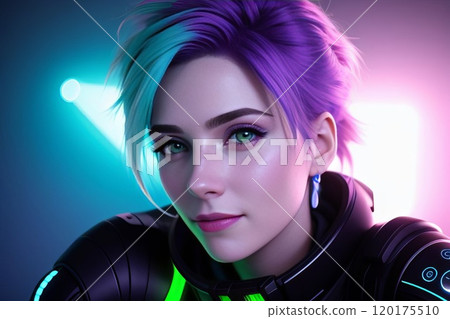 Futuristic fashion, cyberpunk portrait woman with chrome clothing 120175510