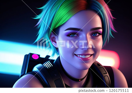 Futuristic fashion, cyberpunk portrait woman with chrome clothing 120175511