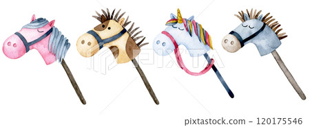 hobby horsing. set of cute watercolor illustration with a toy horse. cartoon hobby horsing. set of cute watercolor illustration with a toy horse. cartoon 120175546