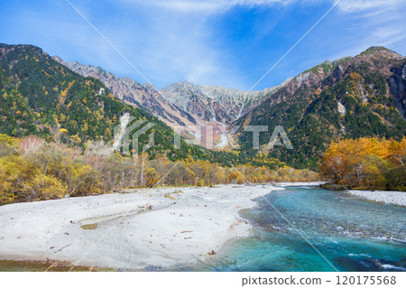 秋天的上高地,被紅葉包圍@從河童橋附近眺望穗高山脈 秋天的上高地,被紅葉包圍@從河童橋附近眺望穗高山脈 120175568
