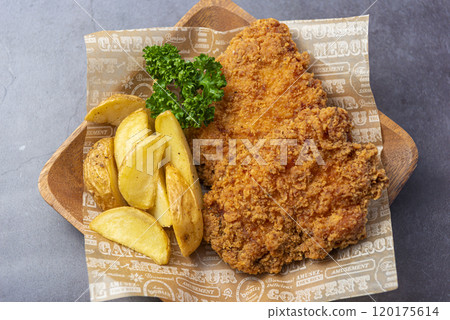 盤子裡的炸雞和薯條 盤子裡的炸雞和薯條 120175614