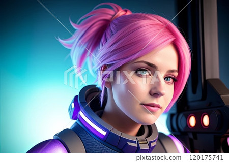 Futuristic fashion, cyberpunk portrait woman with chrome clothing. Vaporwave, a young female pink hair 120175741