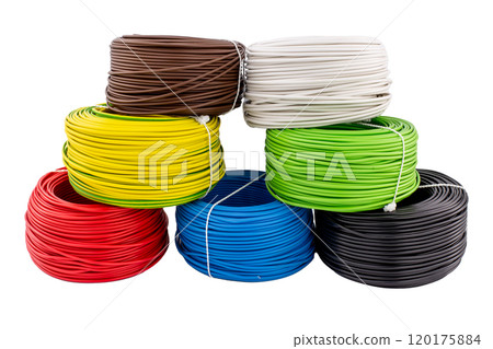Stacked Coils of Multicolored Electrical Wires on White Background 120175884