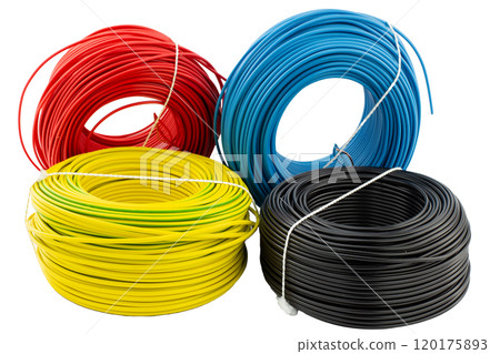 Coils of Colored Electrical Wires on White Background 120175893