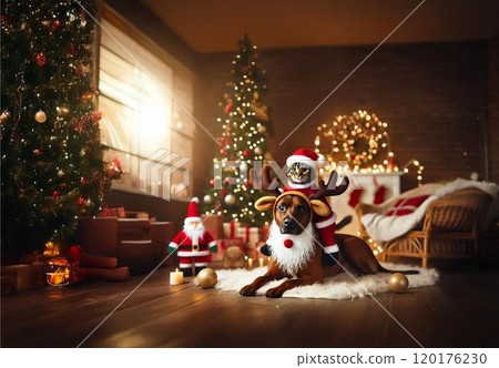 Pets dressed as Santa Claus and reindeer 120176230