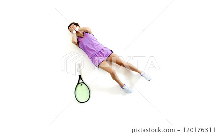 Lying down with her face in her hands, female tennis player expresses passion and struggle of game against white studio background. 120176311