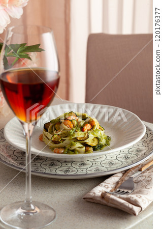 Preserved pasta with shrimps and zucchini 120176377