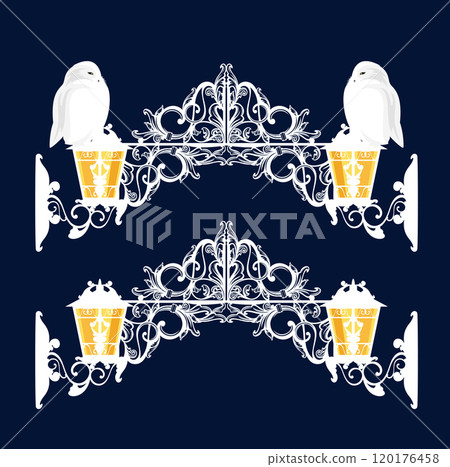magic arch entrance decor with white snowy owls and lamps vector design set 120176458