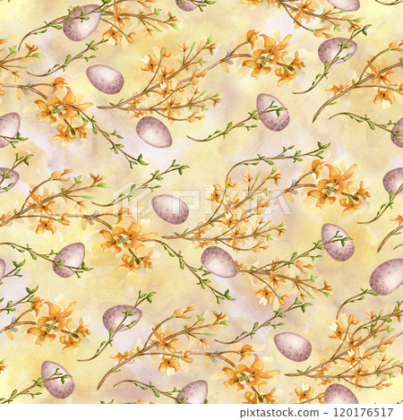 Seamless pattern with first yellow spring flowers and Easter eggs isolated on watercolor background. Floral Easter print. Blooming forsythia branch hand drawn. For package, wrapping paper Seamless pattern with first yellow spring flowers and Easter eggs isolated on watercolor background. Floral Easter print. Blooming forsythia branch hand drawn. For package, wrapping paper 120176517