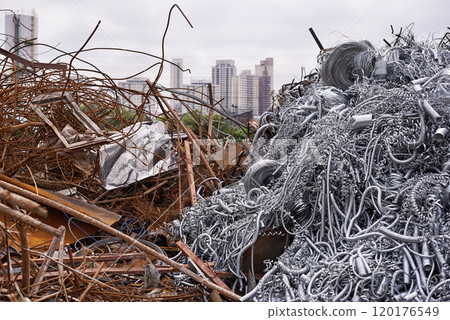 Industrial re-purposing. Cropped shot of a pile of equipment and scrap metal. 120176549