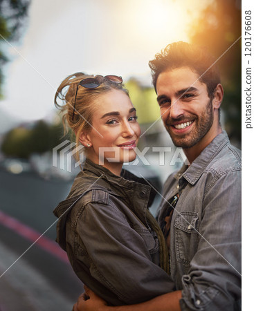 We have a date in the city. Shot of a young couple out in the city. We have a date in the city. Shot of a young couple out in the city. 120176608