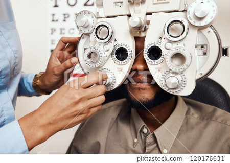 Which is better 1 or 2. Shot of an optometrist examining her patients eyes with an optical refractor. Which is better 1 or 2. Shot of an optometrist examining her patients eyes with an optical refractor. 120176631