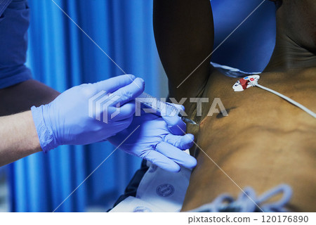 Anesthetizing the patient before a medical procedure. Cropped shot of a doctor injecting a patients arm in an emergency room. Anesthetizing the patient before a medical procedure. Cropped shot of a doctor injecting a patients arm in an emergency room. 120176890