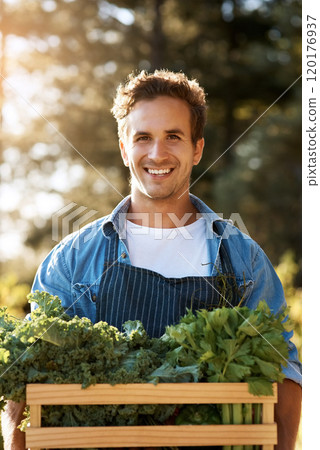 Farmers need us and we need them. Shot of a young man holding a crate full of freshly picked produce on a farm. Farmers need us and we need them. Shot of a young man holding a crate full of freshly picked produce on a farm. 120176937