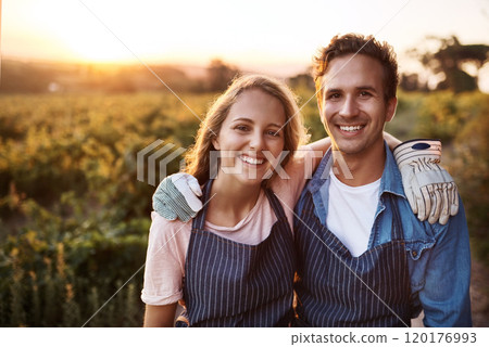 Farming is a labor of love. Portrait of a confident young man and woman working together on a farm. Farming is a labor of love. Portrait of a confident young man and woman working together on a farm. 120176993