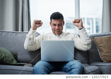 Luck belongs to those who believe in it. Shot of a young man cheering while using a laptop on the sofa at home. 120177023