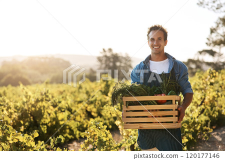 These are fresh and ready to eat. Shot of a young man holding a crate full of freshly picked produce on a farm. 120177146