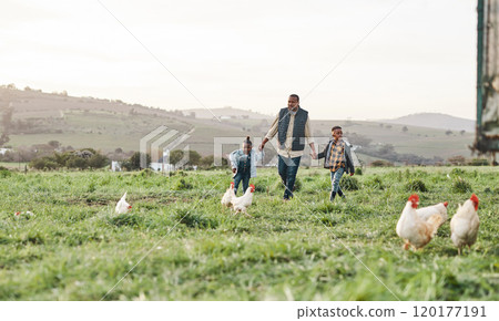 Wide open spaces is where every child should be. Shot of a man and his two adorable children exploring a farm. Wide open spaces is where every child should be. Shot of a man and his two adorable children exploring a farm. 120177191