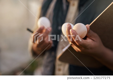 All ready for distribution. Shot of an unrecognisable farmer inspecting the quality of eggs on his farm. 120177275
