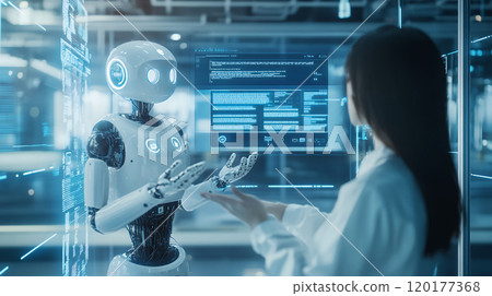 woman talking to robot woman talking to robot 120177368