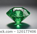 Vibrant green emerald cut gemstone on a gray background (emerald, gemstone, green) 120177406