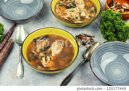 Bowl of chicken soup. 120177448