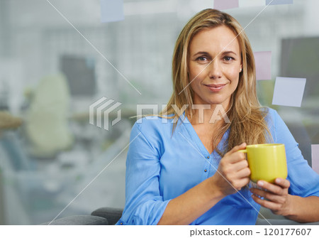 I cant work without my coffee. Attractive blonde female employee having her coffee break. I cant work without my coffee. Attractive blonde female employee having her coffee break. 120177607