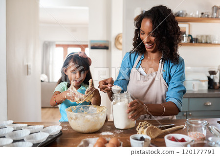 Lets add some flour to make it less sticky. Shot of a woman baking at home with her young daughter. Lets add some flour to make it less sticky. Shot of a woman baking at home with her young daughter. 120177791