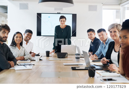 Our meetings keep business moving forward. Portrait of a group of businesspeople having a meeting in a modern office. 120177829